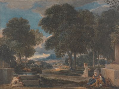 Tájkép egy szökőkútnál lábat mosó férfival, Poussin után alkotó: David Cox