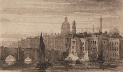 A régi londoni híd és a Szent Pál-székesegyház a Temze felől alkotó: David Cox