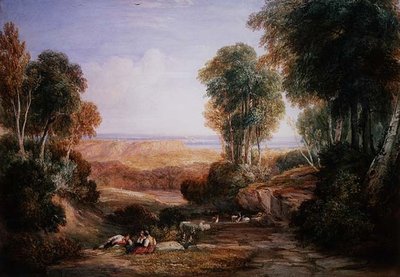A Severn folyó és a Wye folyó találkozása a Chepstow kastéllyal a távolban (akvarell, papír) alkotó: David Cox