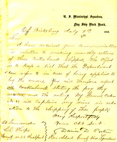 David D. Porter, USA Black Hawk levele Vicksburg mellett, Seth Ledyard Phelpsnek, az Egyesült Államok Eastport parancsnokának, 1863. július 9. alkotó: David D. Porter