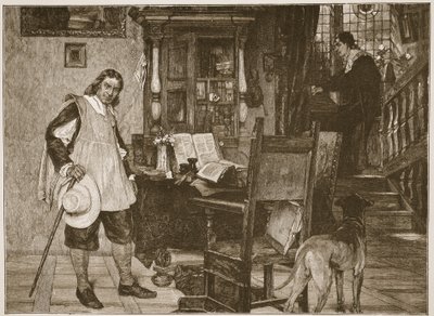 Oliver Cromwell úr meglátogatja John Milton urat, illusztráció "Az anglikán egyház" című könyvből: A History for the People", H.D.M. Spence-Jones, kiad. 1910 körül (szepiaszínű fotó). alkotó: David Dalhoff Neal