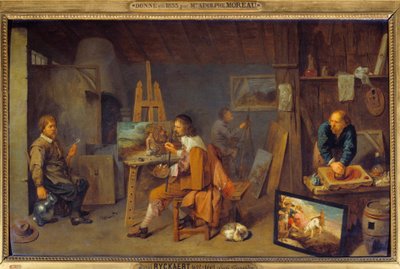 Festőműhely pózoló modellel és színcsiszolóval. David III Ryckaert (1612-1661) festménye, Ec. Nagyzolás alkotó: David III Ryckaert