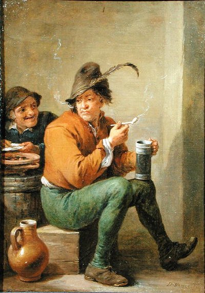 Egy paraszt, aki egy kőedénykancsót és egy agyagpipát tart (olaj a panelen) alkotó: David III Teniers