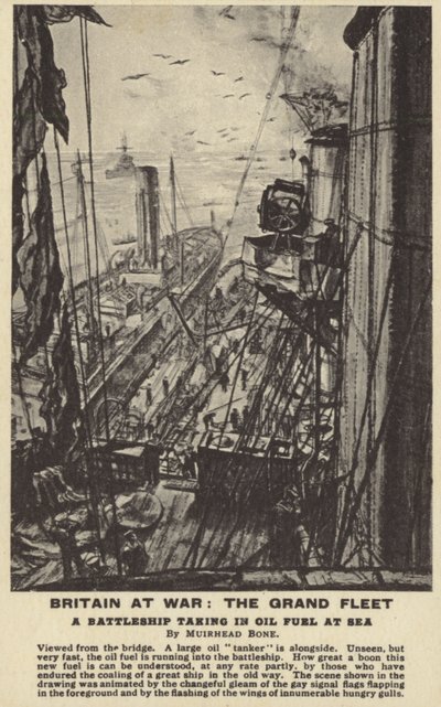 Egy csatahajó üzemanyagot vesz fel a tengeren, I. világháború (litho) alkotó: David Muirhead Bone