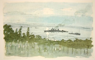Könnyű cirkáló: este, illusztráció a Country Life Ltd. által kiadott "The Western Front" című könyvből. alkotó: David Muirhead Bone