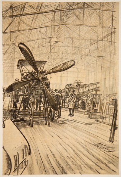 Repülőgép a partokon, illusztráció a Country Life Ltd. által kiadott "The Western Front" című könyvből. alkotó: David Muirhead Bone