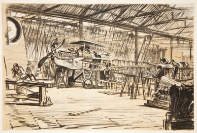 Repülőgépek felállítása, illusztráció a Country Life Ltd. által kiadott "The Western Front" című könyvből. alkotó: David Muirhead Bone