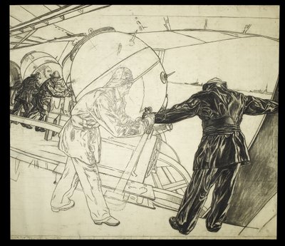 Teljes méretű rajz az Izland melletti téli aknafektetéshez, 1942 körül (szén, papír) alkotó: David Muirhead Bone