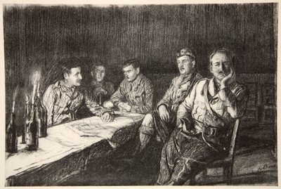 Gordon Highlander tisztek étkezdéje, illusztráció a Country Life Ltd. által kiadott "The Western Front" című könyvből. alkotó: David Muirhead Bone