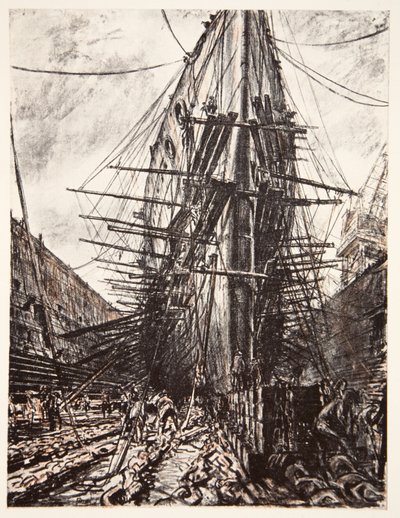 HMS Lion a szárazdokkban, illusztráció a Country Life Ltd. által kiadott "The Western Front" című könyvből. alkotó: David Muirhead Bone
