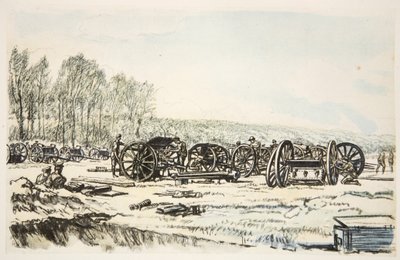 Az RFA katonái tisztítják a fegyvereiket, illusztráció a Country Life Ltd. által kiadott "The Western Front" című könyvből. alkotó: David Muirhead Bone