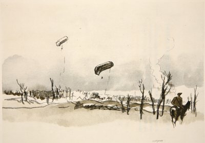 A Somme-on: kolbászos lufik, illusztráció a Country Life Ltd. által kiadott "The Western Front" című könyvből. alkotó: David Muirhead Bone