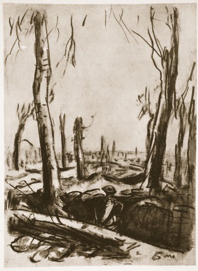 Romos lövészárkok a Mametz erdőben, illusztráció a Country Life Ltd. által kiadott "The Western Front" című könyvből. alkotó: David Muirhead Bone
