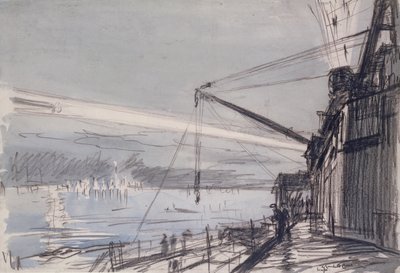Searchlight at Scapa Flow (akvarell, papír) alkotó: David Muirhead Bone