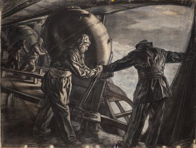 Tanulmány az Izland melletti téli aknafektetéshez, 1942 körül (szén és színes kréta, papír) alkotó: David Muirhead Bone