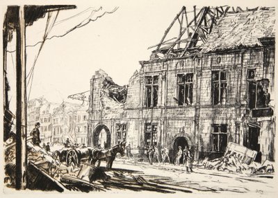 A peronne-i városháza, illusztráció a Country Life Ltd. által kiadott "The Western Front" című könyvből. alkotó: David Muirhead Bone
