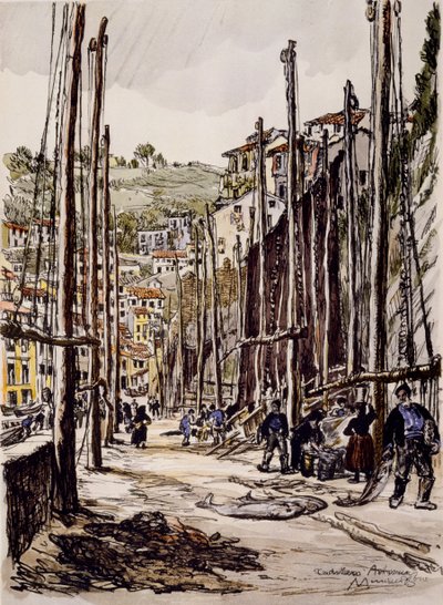 A Tunnyhalászok, Cudillero, Asztúria partvidéke alkotó: David Muirhead Bone