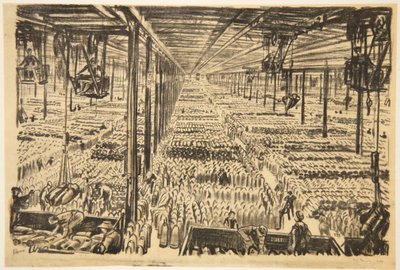 A millió lövedék csarnoka, illusztráció a Country Life Ltd. által kiadott "The Western Front" című könyvből. alkotó: David Muirhead Bone