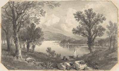 Vitorlás csónakkal látható tó vagy folyó látképe alkotó: David Octavius Hill