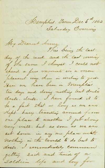 D. R. Greer levele, Memphis, Tn., Anna McKinney -nek, 1862. december 6. alkotó: David Perkins Grier