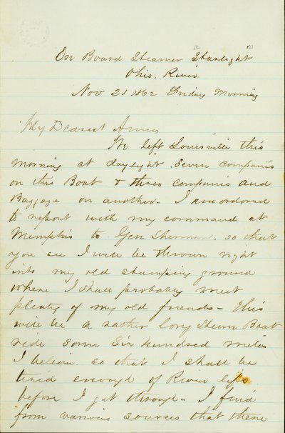 D. P. Grier levele a Steamer Starlight fedélzetén, Ohio River, Anna McKinney -nek, 1862. november 21. alkotó: David Perkins Grier
