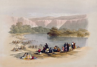 A Jordán partjai, 1839. április 2., a „The Holy Land” II. kötetének 48. táblája, Louis Haghe (1806-85) kocsma metszetével. 1843 alkotó: David Roberts
