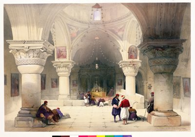 A Szent Sír kriptája, Jeruzsálem, „A Szentföld” I. kötetének 20. táblája, Louis Haghe (1806-85) pub metszetével. 1842 alkotó: David Roberts