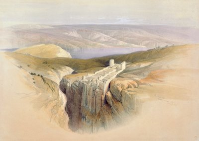 A Holt-tenger Moáb felé nézve, 1839. április 4., „A Szentföld” II. kötetének 50. táblája, Louis Haghe (1806-85) kocsma metszetében. 1843 alkotó: David Roberts