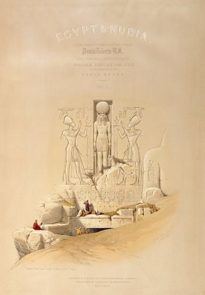 A núbiai Aboo Simbel nagy templomának bejárata, az „Egyiptom és Núbia” I. kötetének címlapja, Louis Haghe (1806-85) metszetével, Londonban, 1846-ban. alkotó: David Roberts