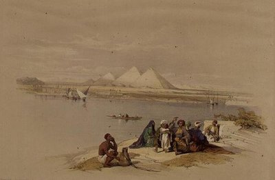 A gízai piramisok a Nílus felől, az "Egyiptom és Núbia", 1. kötetből (litográfia) alkotó: David Roberts