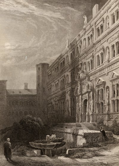 Heidelberg nagy udvara, H. Winkles metszete, illusztráció a „Rajna zarándokai” 1840-ben megjelent könyvéből alkotó: David Roberts