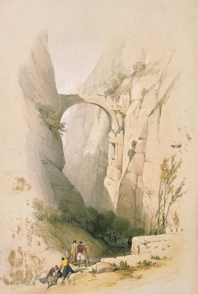 A Petrába vezető szakadékon átívelő diadalív, a „Szentföld” III. kötetének 95. táblája, Louis Haghe (1806-85) kocsma metszetével. 1849 alkotó: David Roberts