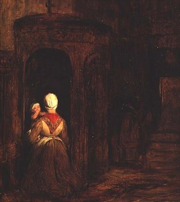 Nő egy gyóntatószéken térdelő babával alkotó: David Wilkie