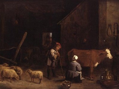 Egy pásztorfiú egy tehénistállóban beszélget egy tejeslánnyal alkotó: David Teniers the Younger
