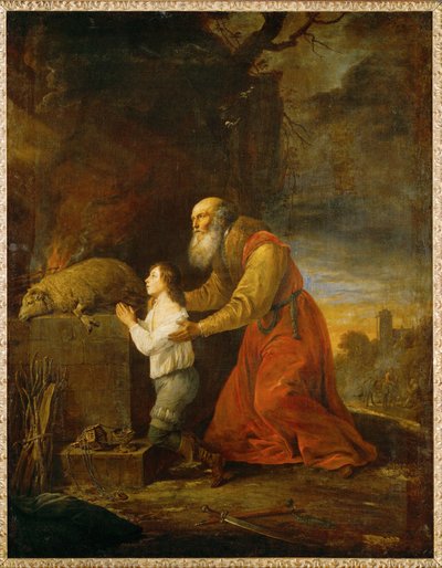 Ábrahám hálát ad, amiért megkímélte fiát, Izsákot. alkotó: David the Younger Teniers