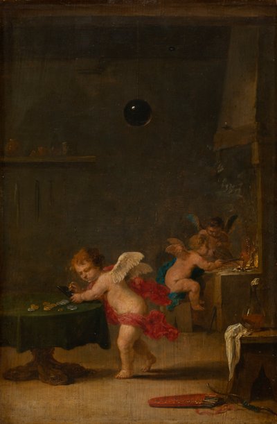 Amoretti egy alkimista műhelyében, 1635-37 körül (olaj, tölgyfa) alkotó: David the Younger Teniers