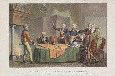 A főkormány elfogadása a triumvirátus által az narancssárga herceg nevében, 1813. november 21. Egy holland közigazgatás visszaadása Hollandiának. (1813. november 20.) (cím a tárgyon) alkotó: David van der Kellen