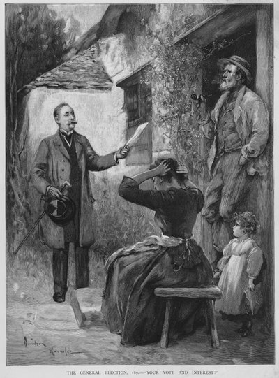 Szavazatgyűjtés az 1892-es brit általános választási kampány során (litho) alkotó: Davidson Knowles