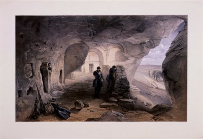 "Ukrajna, Krím-félszigeten, 1855-ben feltárt templom az Inkermann barlangjaiban nyugatra nézve" alkotó: Day and Son