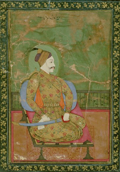 58.2025A Abdullah Qutb Shah szultán ülő portréja, Golconda, 1670, (guache papíron, arany és virágos arany mintás szegéllyel) alkotó: Deccani School
