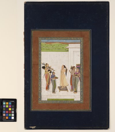 Egy nő, aki a vécéjét tölti, 1725 körül (átlátszatlan akvarell és arany papíron, albumoldalra rögzítve) alkotó: Deccani School