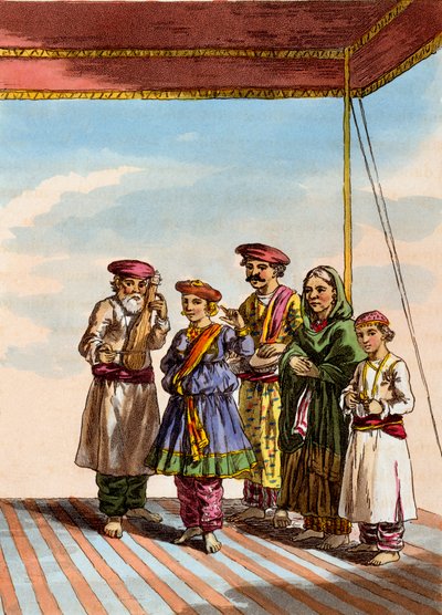 Kuharwát táncoló lány, T. D. Broughton "The Costume, Character, Manners, Domestic Habits and Religious Ceremonies of the Mahrattas" című művéből, J. A. Atkinson metszete, 1813. alkotó: Deen Alee