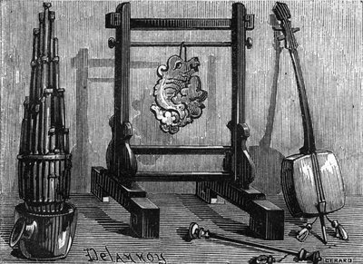 Kínai hangszerek: orgona, hangkő és hegedű. alkotó: Delannoy Delannoy