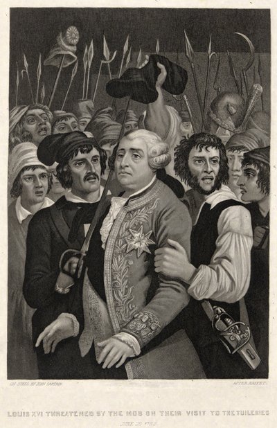 XVI. Lajost a csőcselék megfenyegette 1792. június 20-án, a tuileriákban tett látogatásuk során, John Sartain metszetével (metszet) alkotó: Denis Auguste Marie (after) Raffet