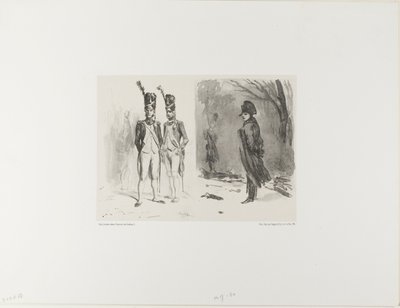 Lap vázlattal (Gárda gránátos, Napóleon egy bivakban) alkotó: Denis Auguste Marie Raffet