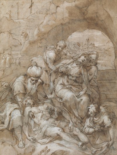 Lerakás, 1595 körül (fekete kréta, toll és barna tinta, wc és fehér kiemelés, négyzet alakú áthelyezéshez fekete krétával, fektetett papírra) alkotó: Denis Calvaert