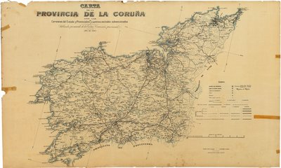 A Coruña tartomány térképe állami és tartományi utakkal, valamint támogatott környező utakkal. Megjelent őexcellenciájának egyetértésével. Tartományi Bizottság alkotó: Deputación da Coruña