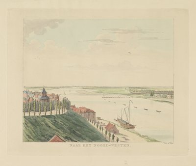 Kilátás a Valkhofra és a Waalra Nijmegentől északnyugatra Északnyugatra (cím az objektumon) Nijmegen városának látnivalói (sorozat címe) Geldersch-panoráma vagy körkép az életről a nymegeni kilátón (sorozat címe) alkotó: Derk Anthony van de Wart