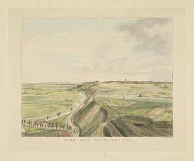 Kilátás a tájra Nijmegentől délkeletre Délkeletre (cím a tárgyon) Nijmegen városának látnivalói (sorozat címe) Geldersch-panoráma vagy körkép az életről a nymegeni kilátón (sorozat címe) alkotó: Derk Anthony van de Wart