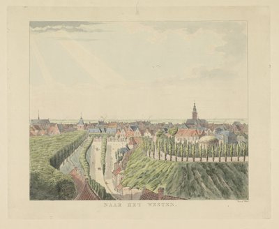 Nijmegen, kilátás a Belvédère felől nyugat felé Nyugatra (cím a tárgyon) Nijmegen városának látnivalói (sorozat címe) Geldersch-panoráma vagy körkép az életről a nymegeni kilátón (sorozat címe) alkotó: Derk Anthony van de Wart